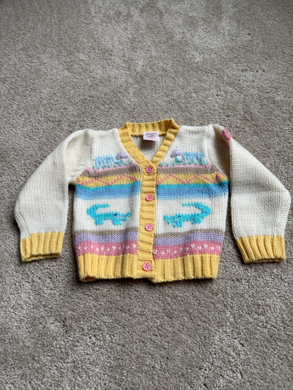 Vintage Pastel Animal Knit Cardigan Sweater - Cream & Yellow